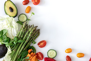 Flat lay, vegetables on white background, food and diet concept.