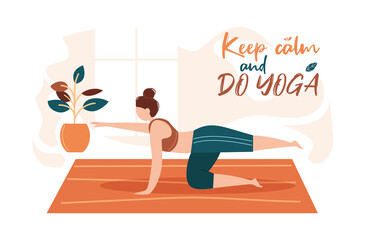 Keep calm and do yoga. Home yoga. Do sport at home. Flat illustration, banner.