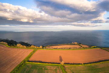 Devon Fields and Farmlands at sunset time from a drone over Shaldon and Teignmouth from Labrador Bay, Devon, England, Europe