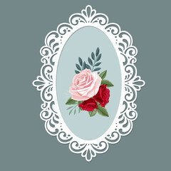 Laser cut oval openwork frame template. Vintage background with rose flowers, vector.
