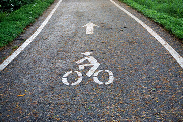 Fototapeta premium Bicycle lane symbol on road with green area around