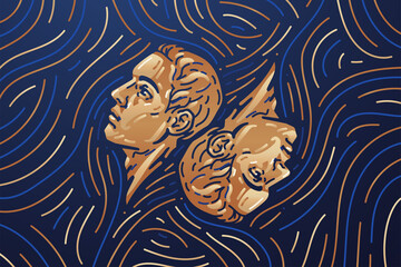 Gemini zodiac sign banner. Dark mode background texture with illustration of a gemini. Vector illustration and decorative elements.