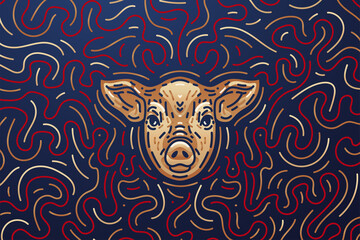 Pig chinese zodiac sign banner. Dark mode background texture with illustration of a pig. Vector illustration and decorative elements.