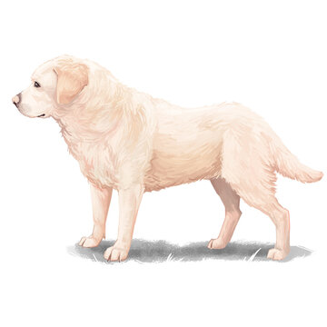 Labrador retriever hand drawn portrait. Funny cute pet dog digital art illustration. Watercolor head of golden lab puppy, happy adorable dog purebreed character, side view full length