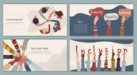Diversity inclusion and equality concept. Group of multicultural men and women. People of diverse cultures forming a circle. Hand up. Editable brochure template flyer leaflet cover poster - obrazy, fototapety, plakaty