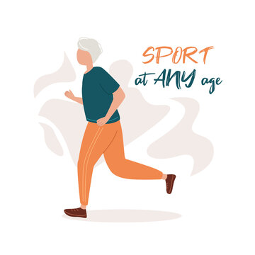 Sports at any age. An elderly man is running. Healthy lifestyle. Grandpa plays sports. Flat illustration, banner.