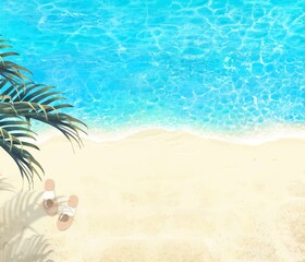 Fototapeta na wymiar 上から見た夏の砂浜とエメラルドグリーンの海の波打ち際にサンダルとヤシのある美しい背景素材