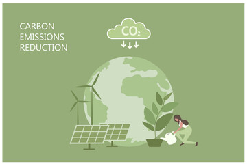CO2 carbon emissions reduction, earth day. Green alternative energy world with solar panel, wind turbine to reduce carbon emissions and sustainable environment.