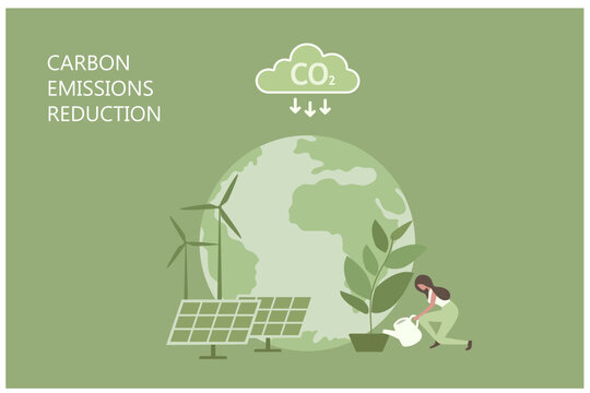 CO2 Carbon Emissions Reduction, Earth Day. Green Alternative Energy World With Solar Panel, Wind Turbine To Reduce Carbon Emissions And Sustainable Environment.