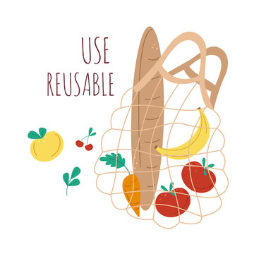 Use Fabric Bags For Groceries. A Banner On The Topic Of Zero Waste. Fabric Mesh Bag, Reusable Items. Rejection Of Plastic Bags. Vector Flat Elements