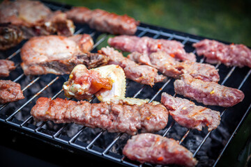 Making barbeque in nature. Barbecue with meat and fire for holidays. Tasty BBQ on picnic day.