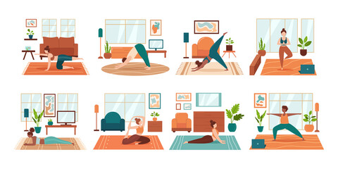 People do yoga at home. Home sports. Rooms and interiors. People in different poses. Meditation, stretching, plank. Flat vector illustrations, elements and people. Men and women.