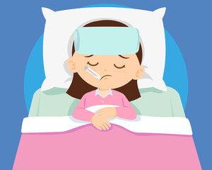 Sick child girl in bed with thermometer in mouth