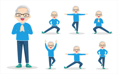bundle set of elderly man exercise various actions