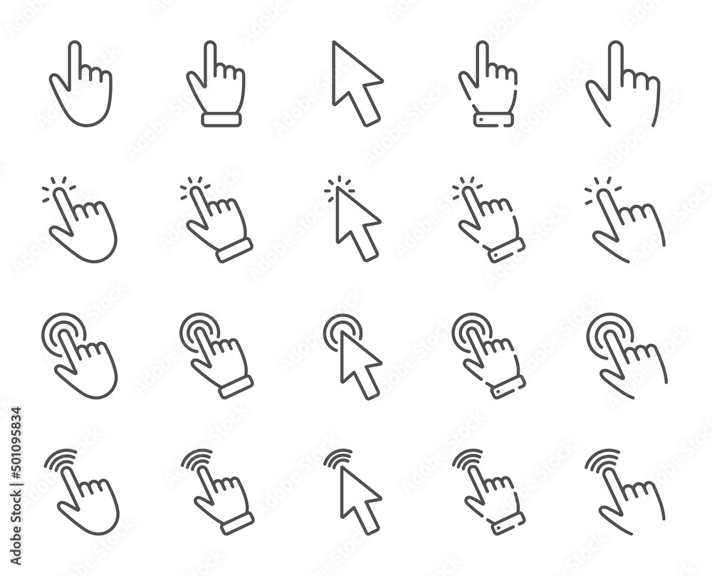 Poster click pointer line icons. mouse cursor, hand finger and press here set. computer arrow, interface to