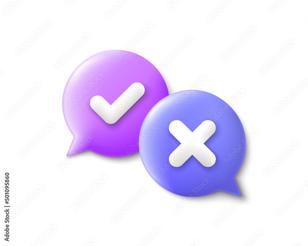Poster check mark with cross chat bubbles. correct and wrong answer 3d chat bubble. quiz banner, confirm or