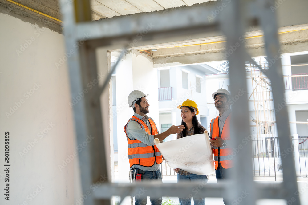 Aufkleber engineer working on construction building site,architects discussing project of building outdoors.