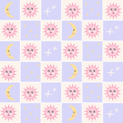 Sun and moon seamless pattern. Cute checkered hand drawn vector background with planets. Perfect for creating fabrics, textiles, wrapping paper, packaging.