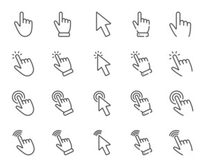 Click pointer line icons. Mouse cursor, hand finger and press here set. Computer arrow, interface tool and web point line icons. Click here, internet pointer and cursor mouse tool. Vector