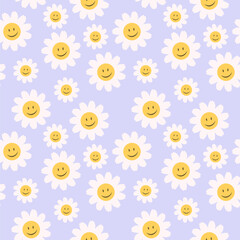 70’s cute seamless smiley face daisy pattern with flowers. Floral hippie funky vector background. Perfect for creating fabrics, textiles, wrapping paper, packaging. - 501095850