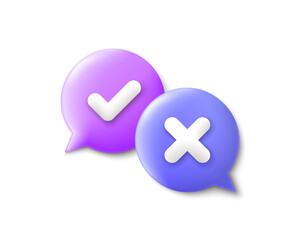 Obraz premium Check mark with cross chat bubbles. Correct and wrong answer 3d chat bubble. Quiz banner, confirm or cancel information. 3d render support message elements. Talk or speak symbols. Vector