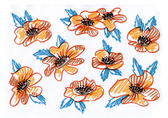 Set pink and orange poppies with leaves. Felt pen isolated floral illustration on white background. Set colorful poppies