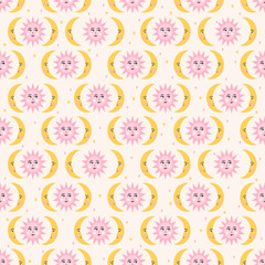 Sun and moon seamless pattern. Cute hand drawn vector background with planets. Perfect for creating fabrics, textiles, wrapping paper, packaging.