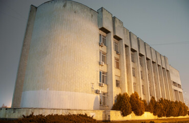 
Brutalist architecture of the administrative building in night Kyiv in the style of soviet...