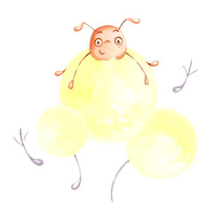 A cute cartoon ant flies on a dandelion. Isolated on a white background.