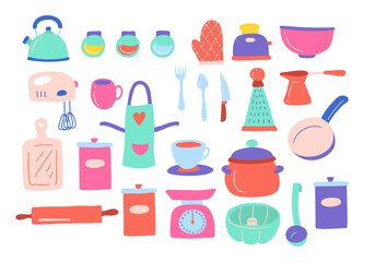 Cartoon Color Cute Kitchen Icon Set Include of Knife and Spoon Concept Flat Design Style. Vector illustration of Icons