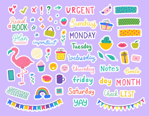 Cartoon Color Different Diary Stickers Journal Planner Set Concept Flat Design Style. Vector illustration of Sticker