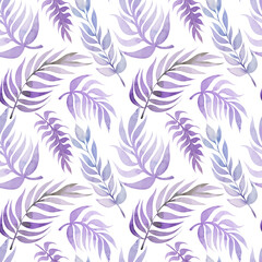 Fototapeta na wymiar Seamless pattern with purple decorative leaves. Watercolor illustration isolated on white background.