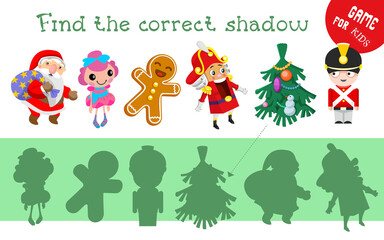 Find correct shadow. Cute Christmas characters. Educational game for children. Activity, vector illustration.