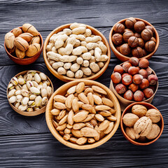 set of different nuts on a black rustic wooden background