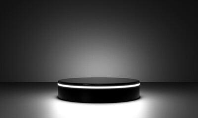 Premium pedestal or black round pedestal with white light on luxury minimal in Studio. Mockup for Product Presentation Brand design, cosmetics, empty pedestals, product banners. 3D render illustration