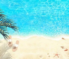 Fototapeta na wymiar 上から見た夏の砂浜とエメラルドグリーンの海の波打ち際に貝殻とサンダルとヤシのある美しい背景素材