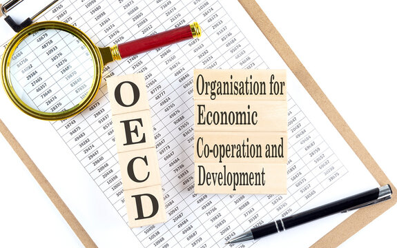 OECD - Organisation for Economic Co-operation and Development text on wooden block on chart background