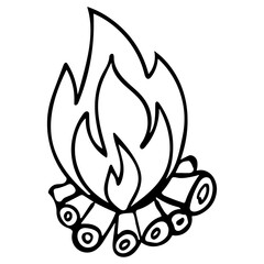 Hand drawn doodle campfire on stones. Vector Outline bonfire clipart.