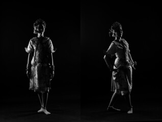 Fototapeta na wymiar Full length of Asian Woman wear Thai Traditional Costume Dancer beautiful design dress silhouette