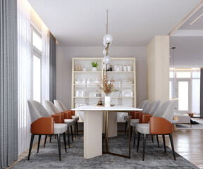3d rendering,3d illustration, Interior Scene and  Mockup,Dining room and light-colored wood display shelf with glass-fronted six chairs.