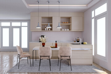 3d rendering,3d illustration, Interior Scene and  Mockup,Modern style kitchen, light wood material. Iceland Wood with White Marble Top Dining Table.