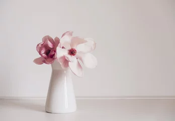 Fotobehang Beautiful fresh pastel pink magnolia flower in full bloom in vase against white background. Minimalist spring still life. Copy space for text. © Iryna