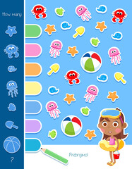 Summer fun - Little girl on the beach - Counting game - Lovely educational activity page for preschool and school children