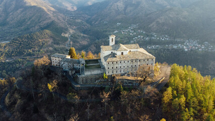 Aerial view of Sanctuary of Saint Ignatius of Loyola situated in the Lanzo Valleys in Italy....