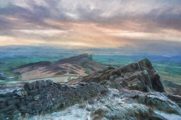 Fine art, artwork. Digital oil painting of a panoramic view from The Roaches. Winter sunrise in the Peak District National Park.