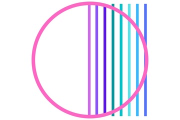 Pink circle with multi colored stripes in the left