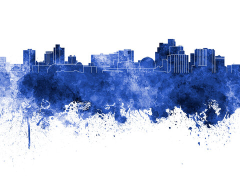 Reno skyline in blue watercolor on white background