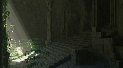 Underground abandoned temple isolated white background 3d illustration