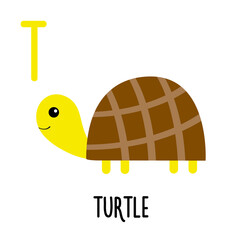 Letter T Turtle. Animal and food alphabet for kids. Cute cartoon kawaii English abc. Funny Zoo Fruit Vegetable learning. Education cards. Isolated. Flat design. White background.