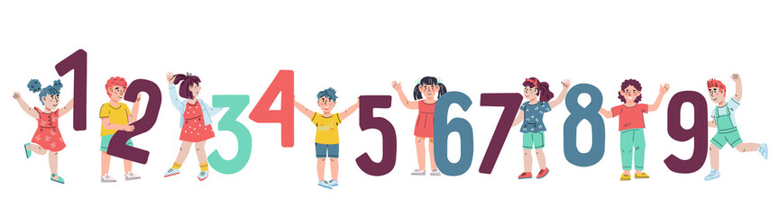 Children holding huge numbers, flat vector illustration isolated on white background. Educational worksheet with kids learning numbers and math.